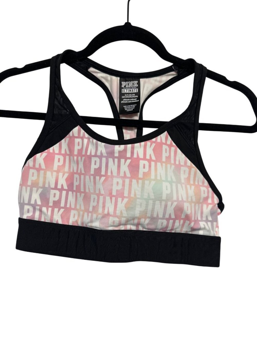 Victorias Secret Pink Ultimate Sports Bra Black & Pink Logo Print Racerback S